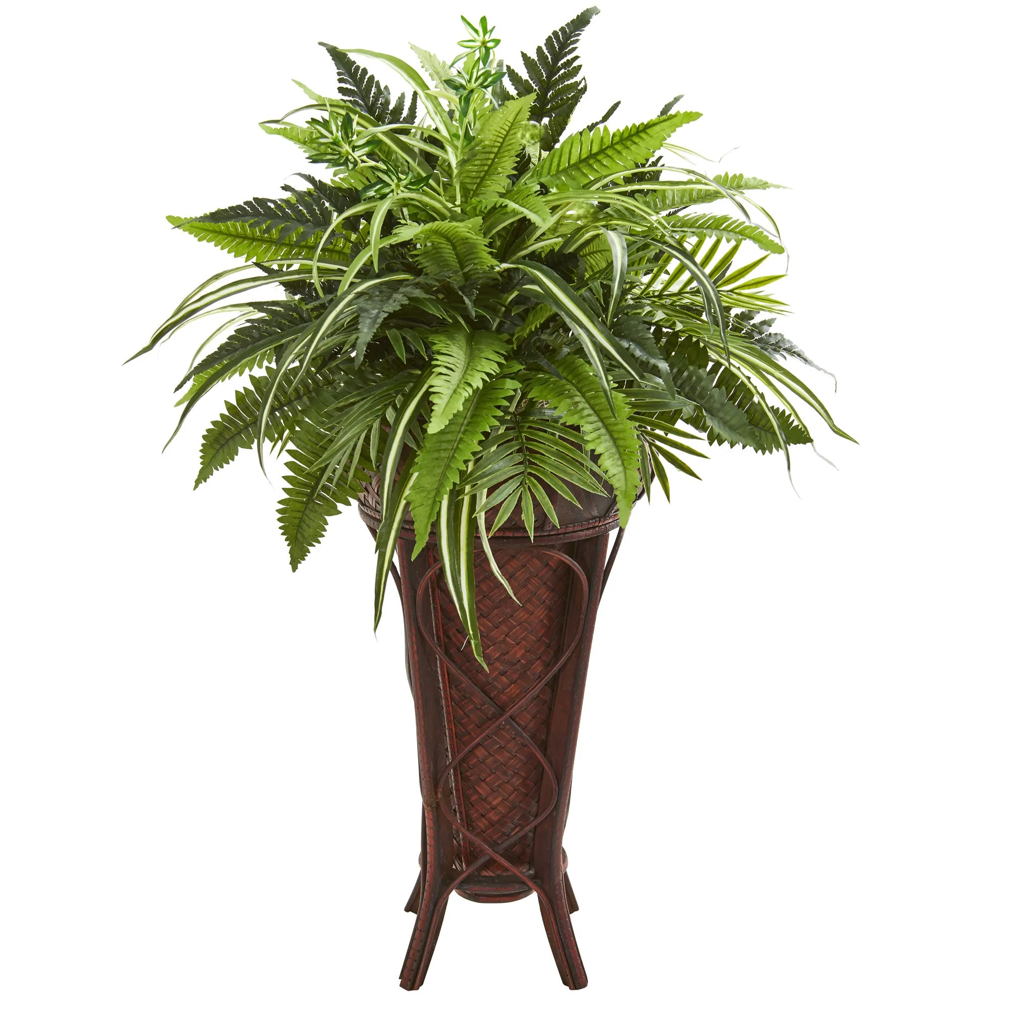 32" Artificial Mixed Greens and Ferns in Decorative Stand - Low Maintenance, Life-Like & Vibrant Silk Plants For Busy People.