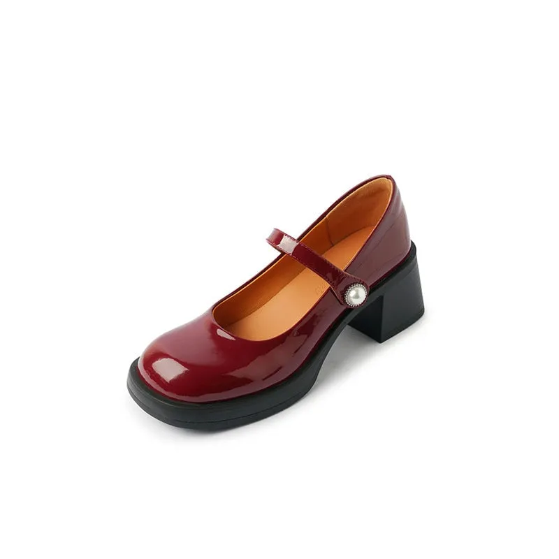 60mm Leather Platform Mary Jane Shoes Round Toe Peal Buckle in Black/Red/White