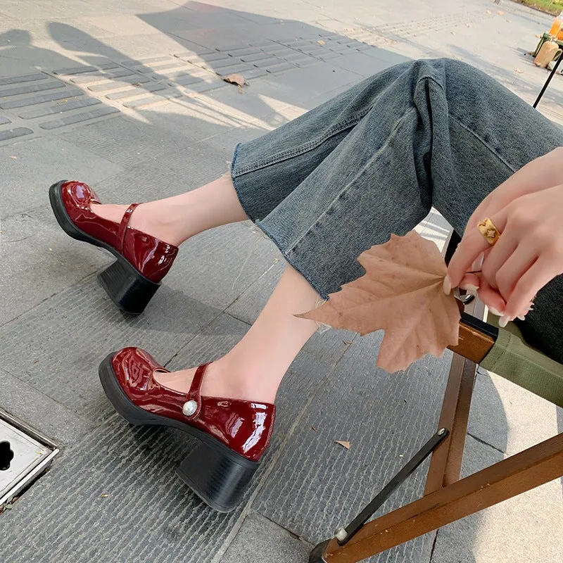 60mm Leather Platform Mary Jane Shoes Round Toe Peal Buckle in Black/Red/White