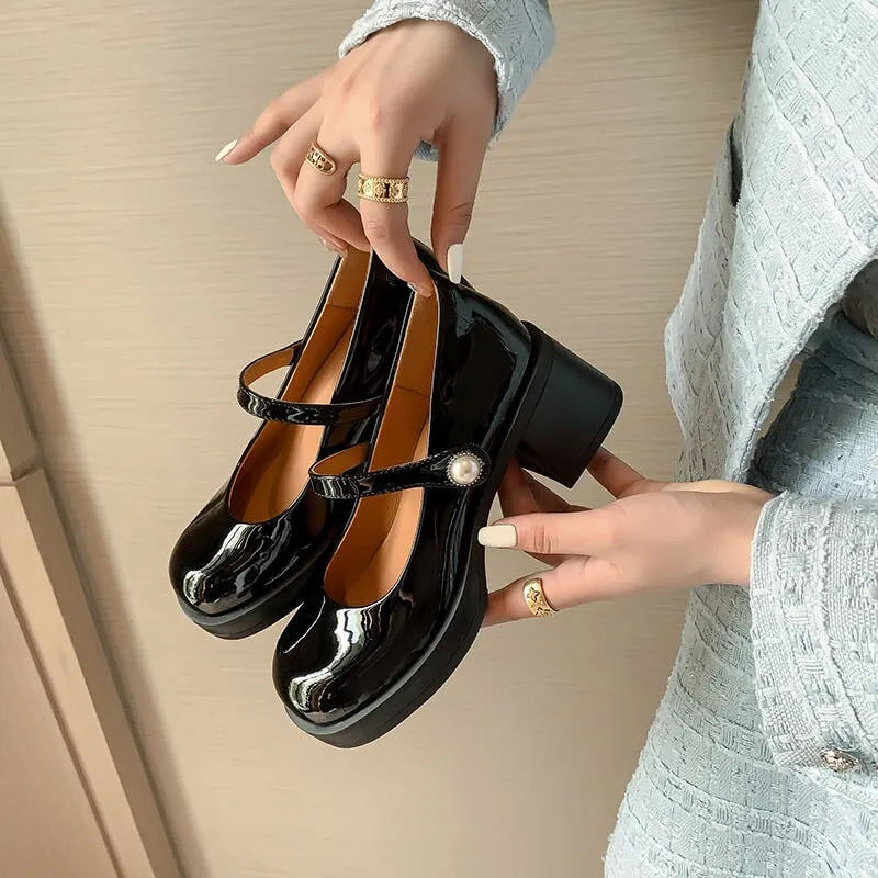 60mm Leather Platform Mary Jane Shoes Round Toe Peal Buckle in Black/Red/White