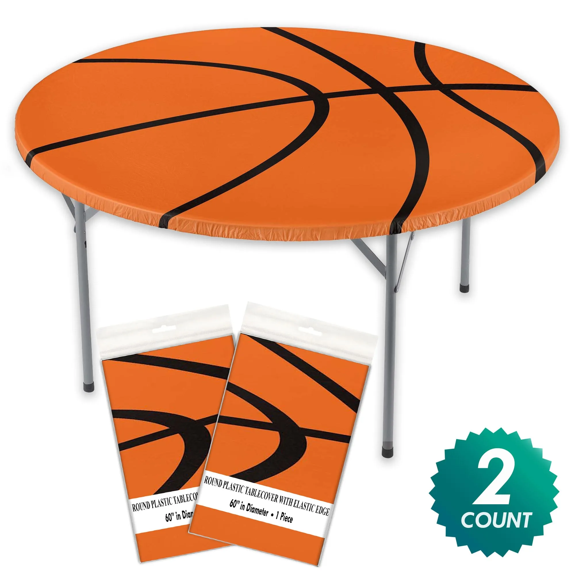 Basketball Party Round Plastic Table Cover With Elastic, Fits Up To 60 Inch Diameter