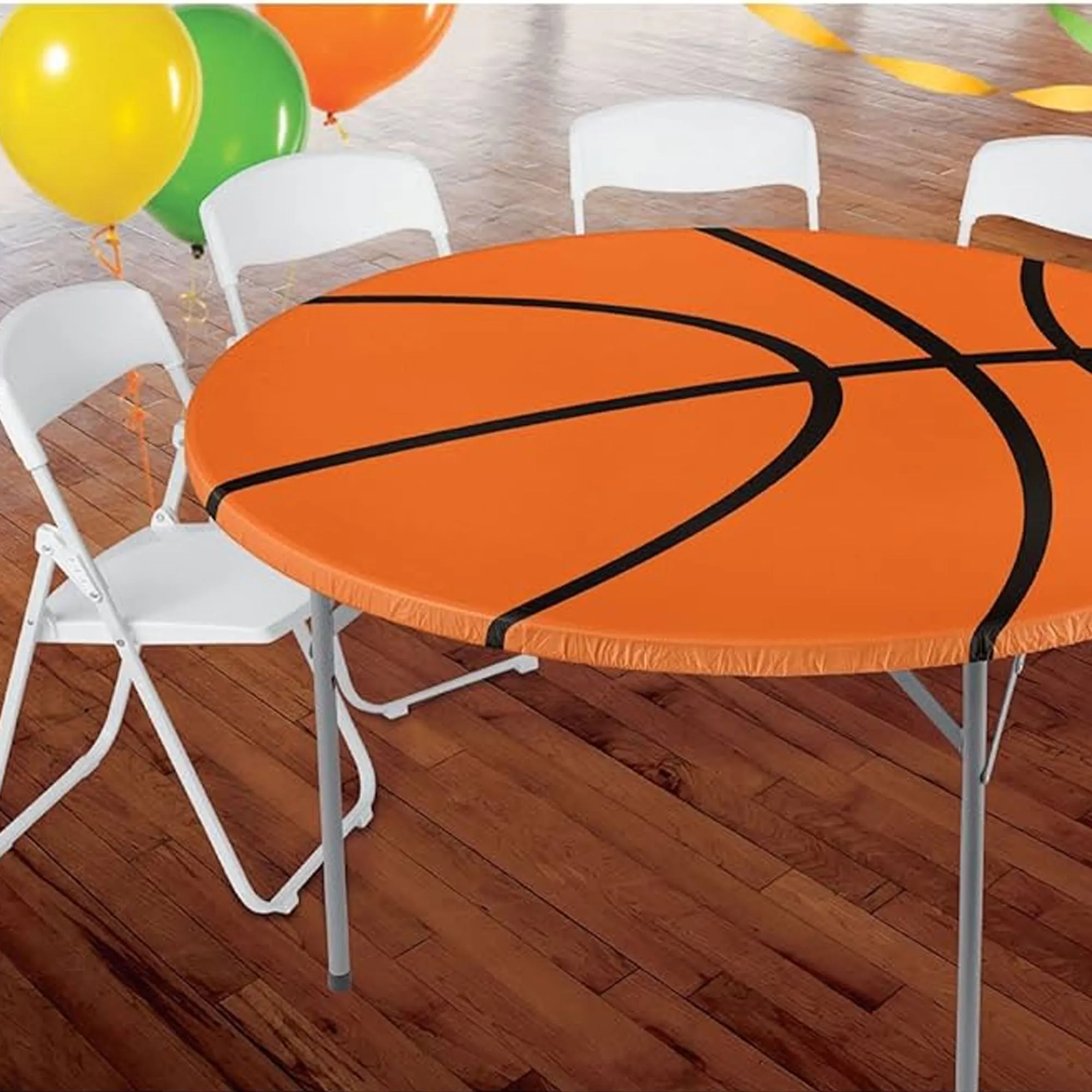 Basketball Party Round Plastic Table Cover With Elastic, Fits Up To 60 Inch Diameter