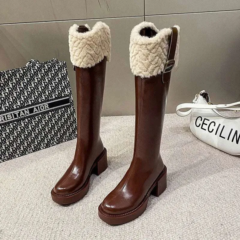 Belt Buckle Plush Fur Edge Knee High Gothic Platform Boots