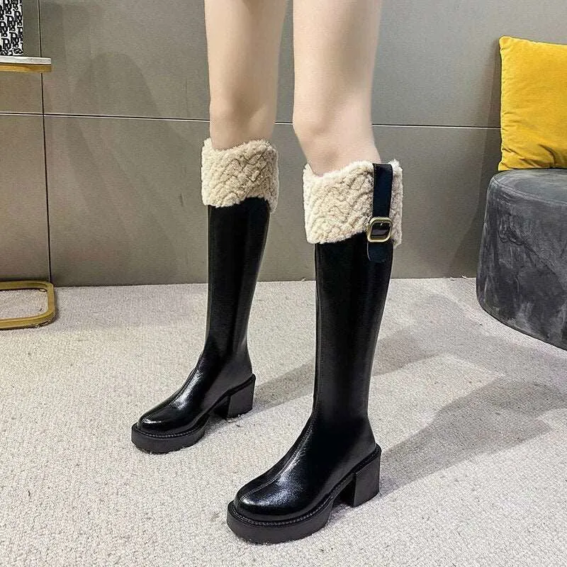 Belt Buckle Plush Fur Edge Knee High Gothic Platform Boots