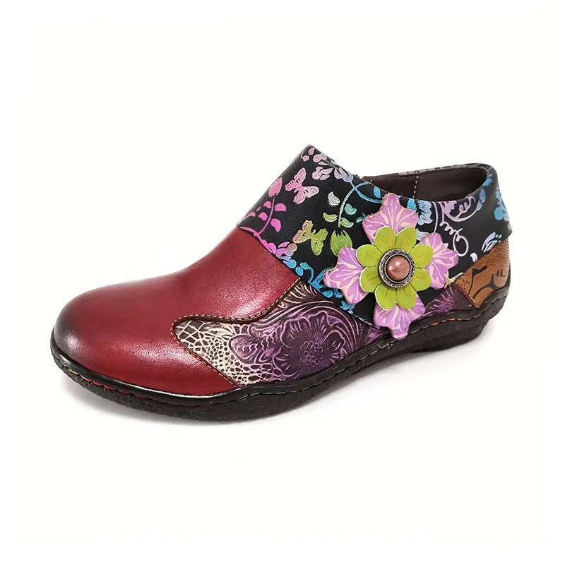 Ethnic Flowers Leather Embossed Handmade Shoes 36-42