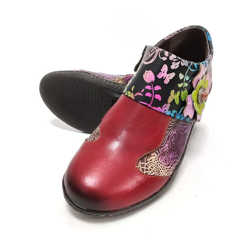 Ethnic Flowers Leather Embossed Handmade Shoes 36-42