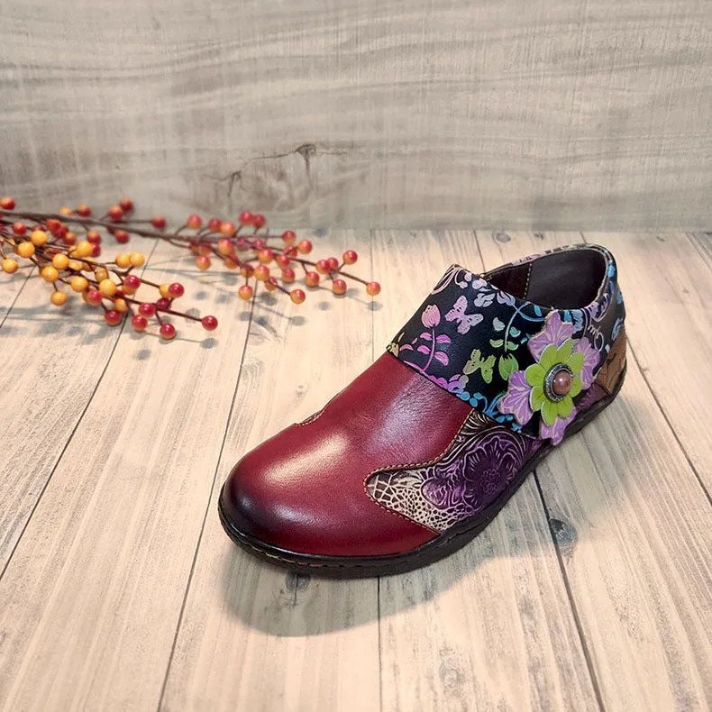 Ethnic Flowers Leather Embossed Handmade Shoes 36-42