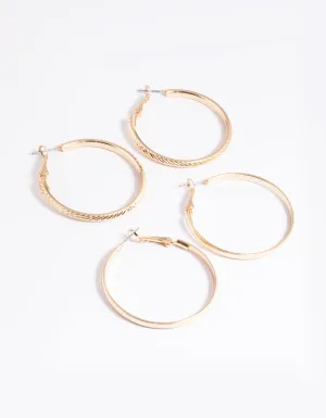 Gold Plain Text Hoop Earrings Set