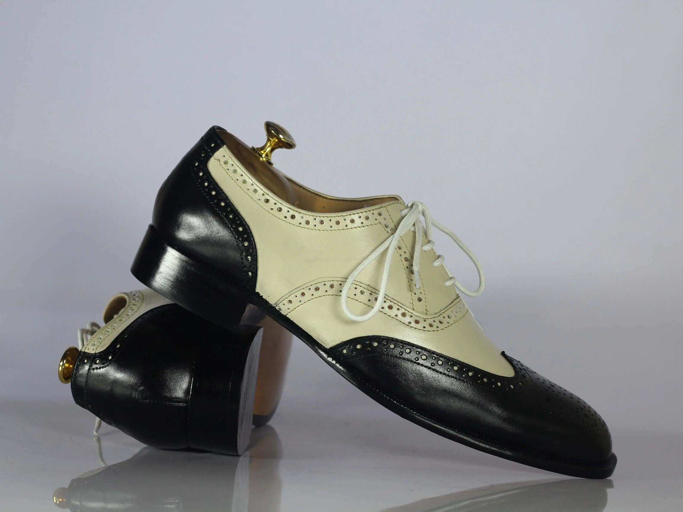 Handmade Black & Off White Wing Tip Brogue Leather Shoes