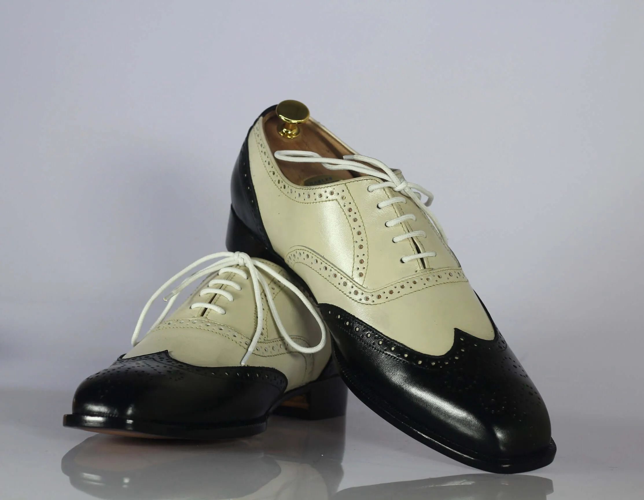 Handmade Black & Off White Wing Tip Brogue Leather Shoes