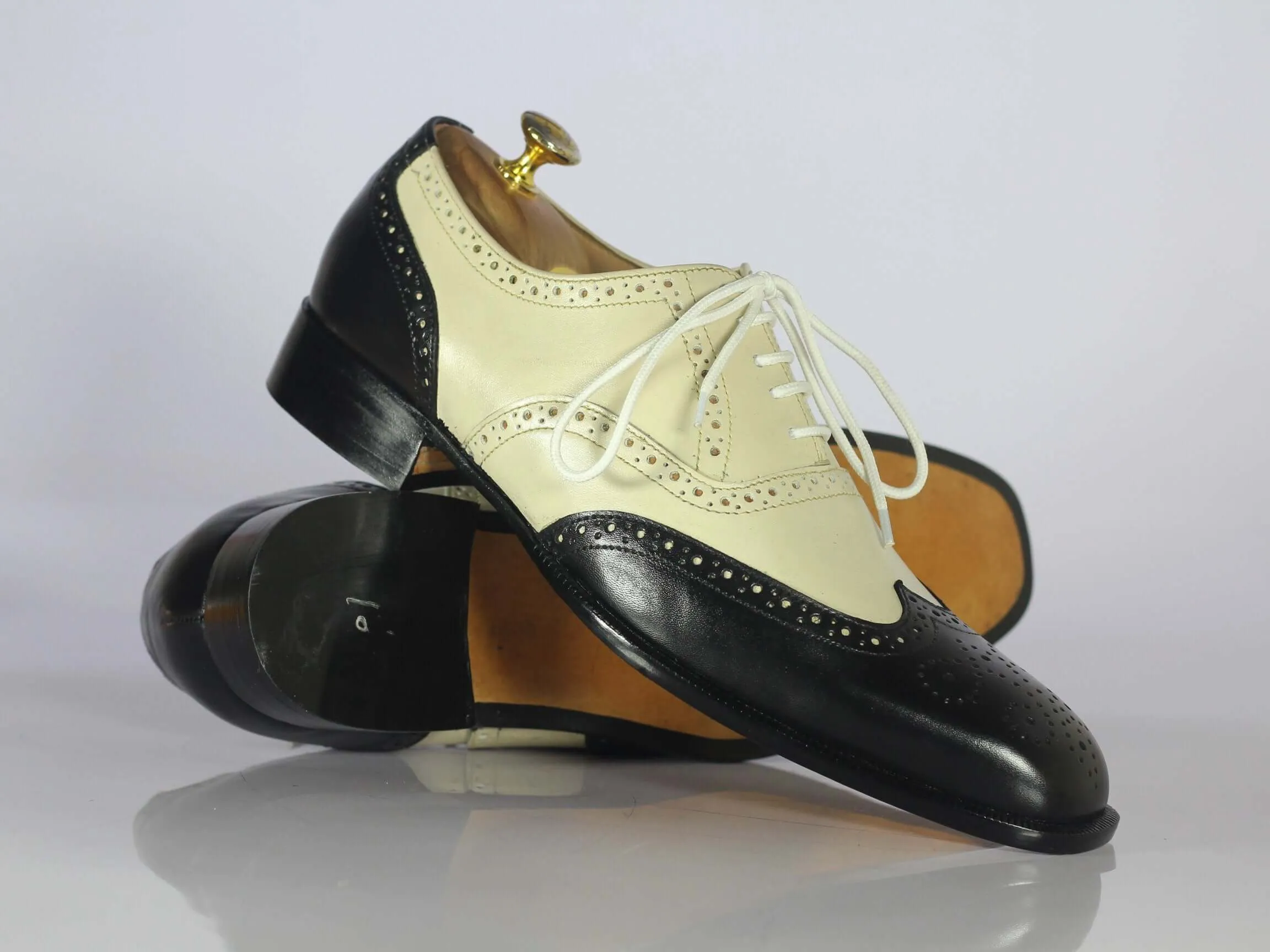 Handmade Black & Off White Wing Tip Brogue Leather Shoes