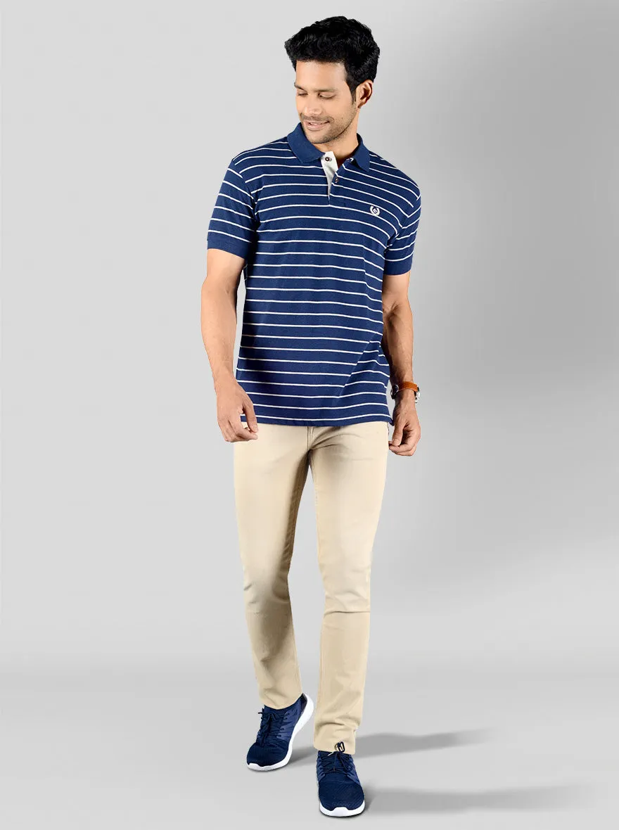 Indigo Blue Striped Slim Fit Polo T-shirt | Greenfibre