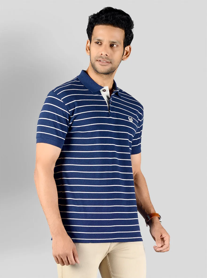 Indigo Blue Striped Slim Fit Polo T-shirt | Greenfibre