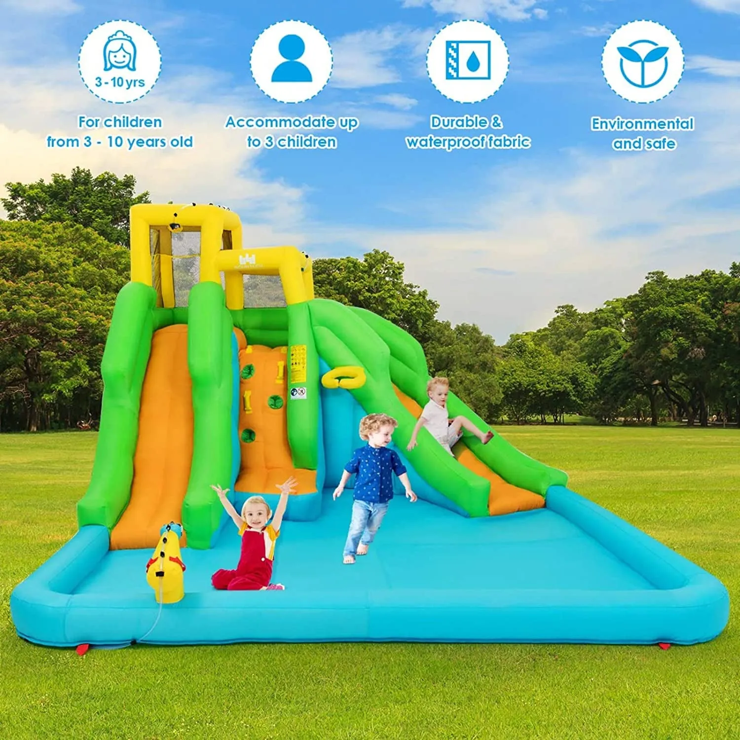 Inflatable Water Slide, 6 in 1 Giant Waterslide Park for Kids Outdoor Fun with 480W Blower, 2 Slides, Splash Pool, Blow up Water Slides Inflatables for Kids and Adults Backyard Party Gifts