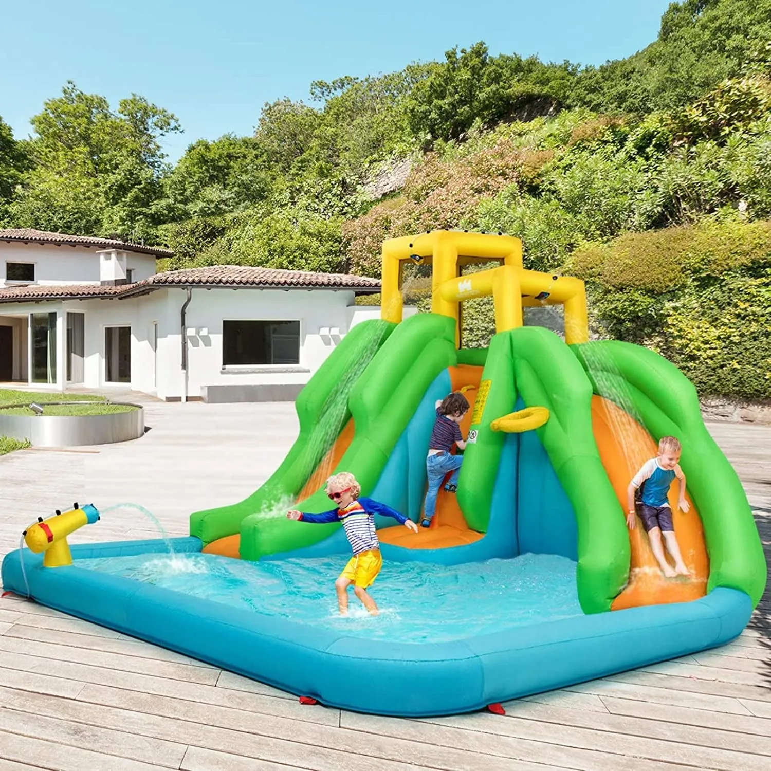 Inflatable Water Slide, 6 in 1 Giant Waterslide Park for Kids Outdoor Fun with 480W Blower, 2 Slides, Splash Pool, Blow up Water Slides Inflatables for Kids and Adults Backyard Party Gifts