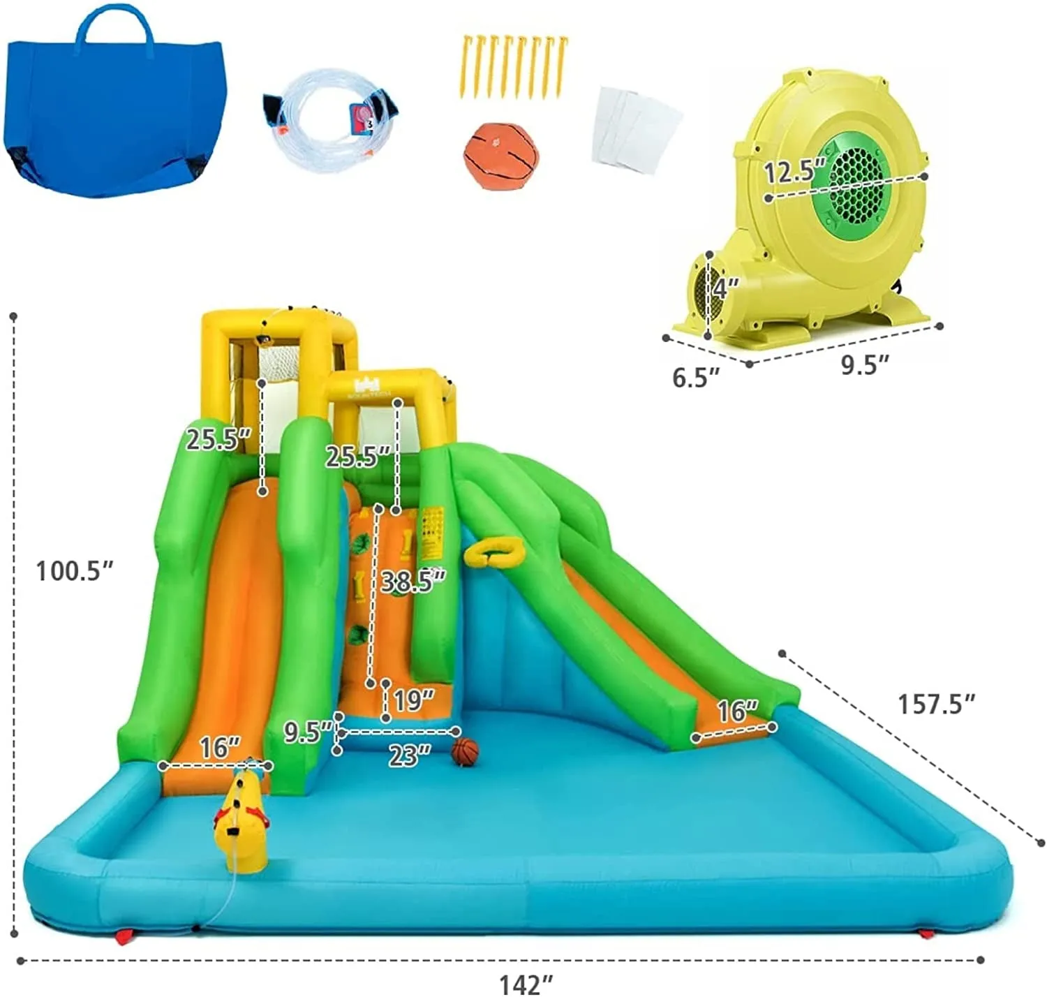 Inflatable Water Slide, 6 in 1 Giant Waterslide Park for Kids Outdoor Fun with 480W Blower, 2 Slides, Splash Pool, Blow up Water Slides Inflatables for Kids and Adults Backyard Party Gifts