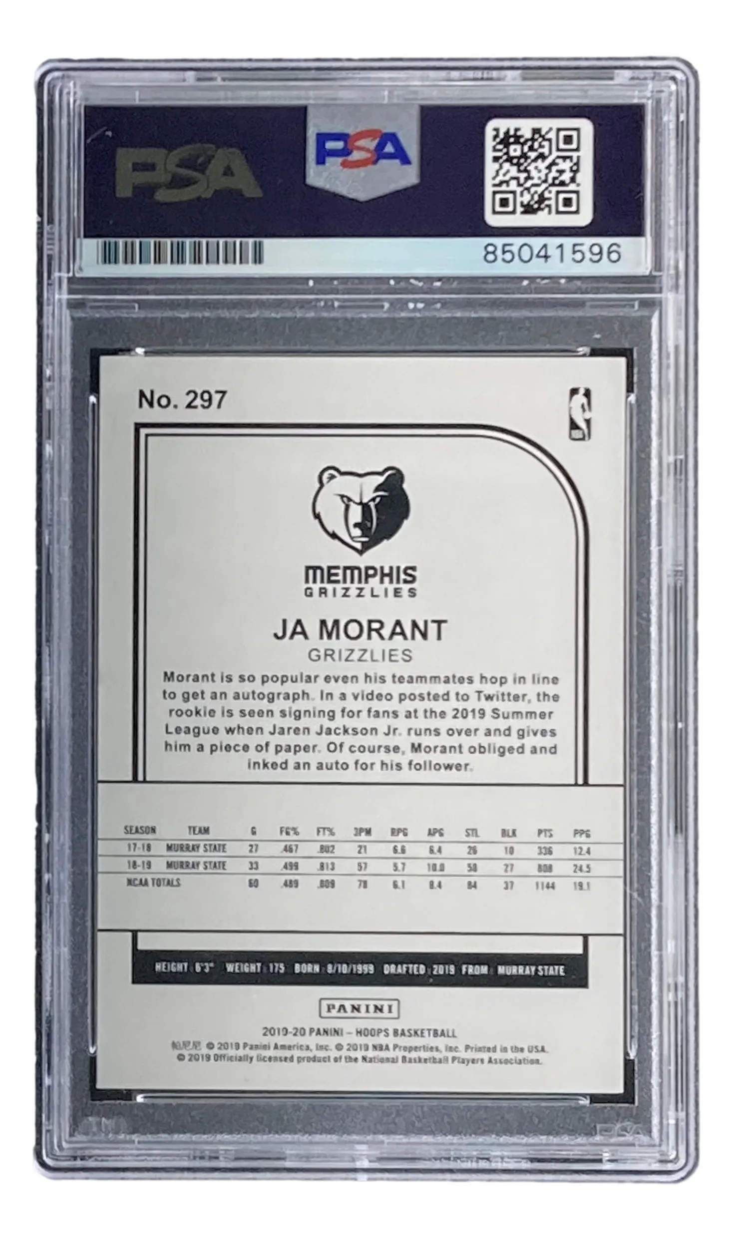 Ja Morant Signed 2019/20 Panini Hoops #297 Grizzlies Rookie Card PSA/DNA