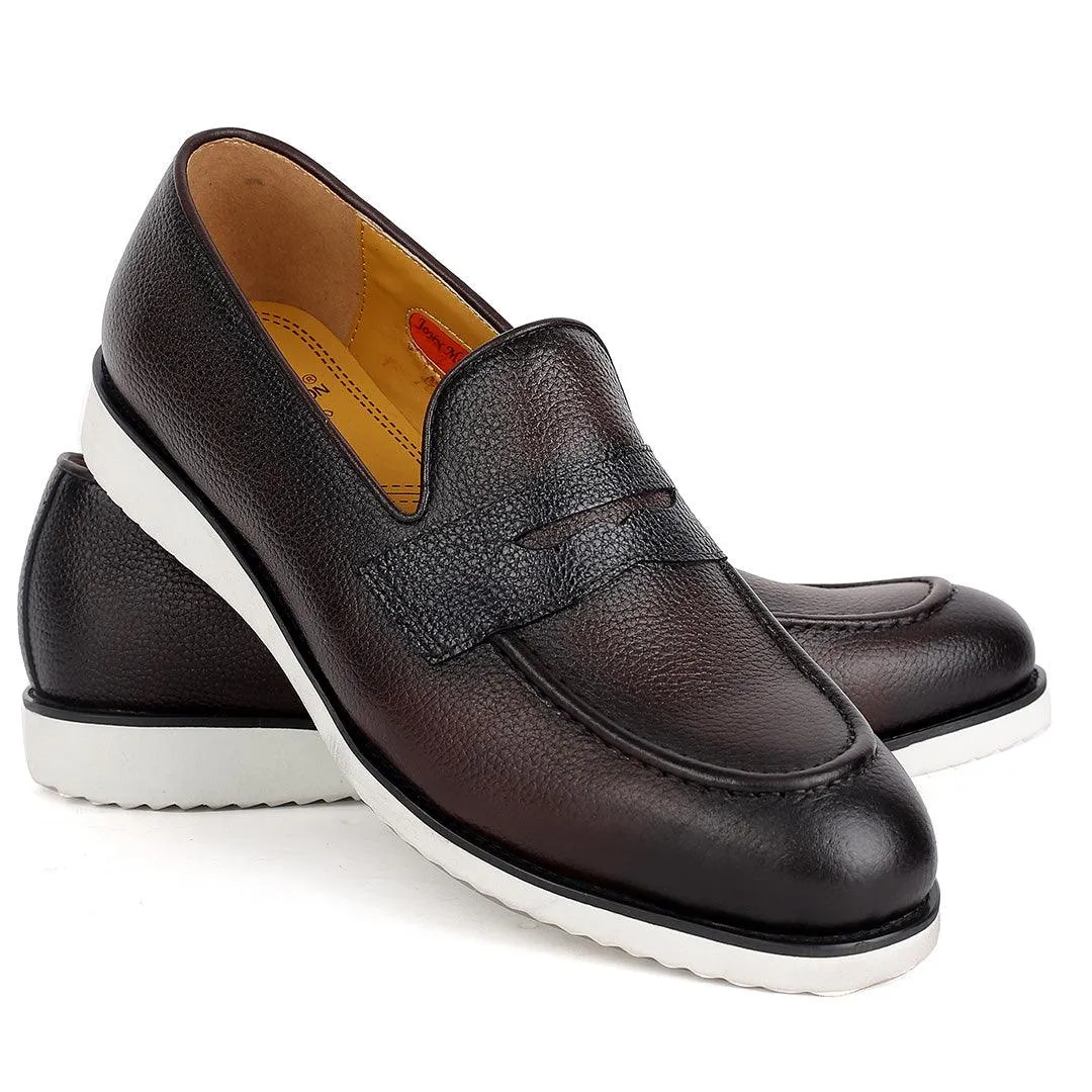 John Mendson Classic Coffee Leather Shoe With White Solid Sole