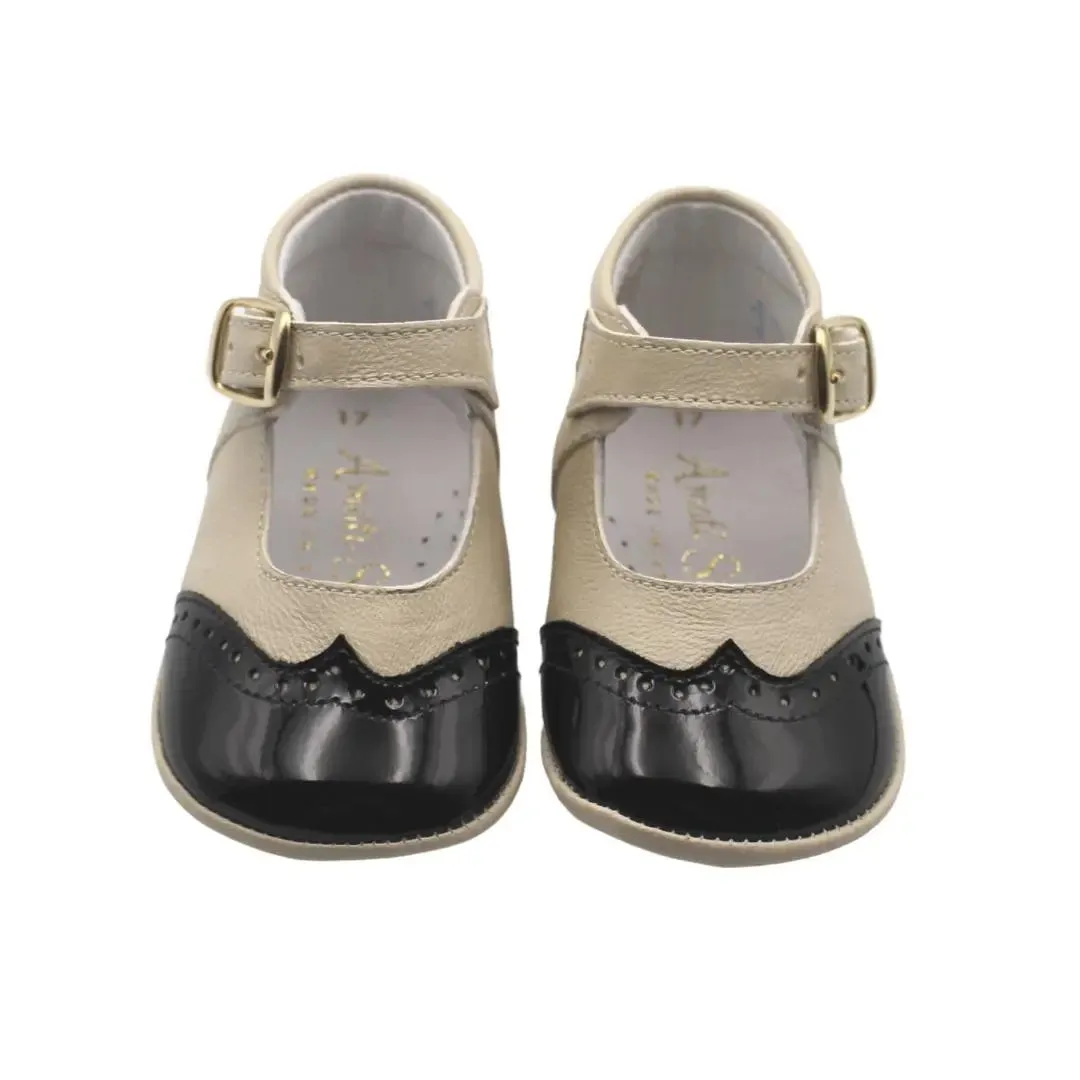 Karolina- Beige/Black Leather Baby Mary Jane Shoes