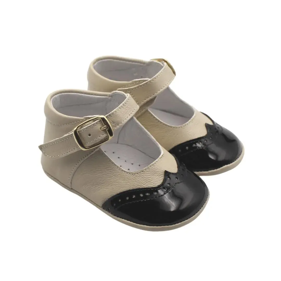 Karolina- Beige/Black Leather Baby Mary Jane Shoes