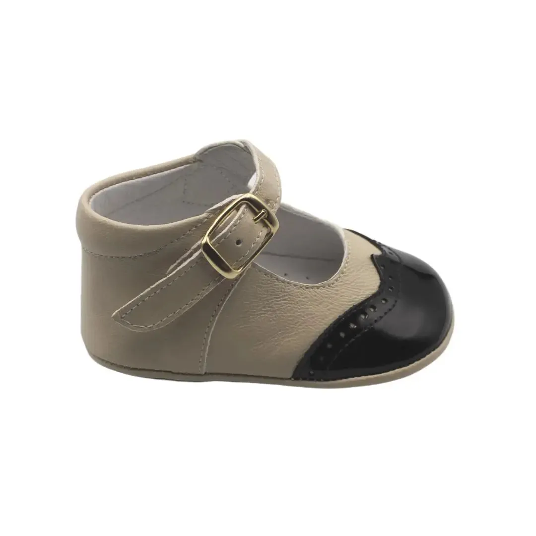 Karolina- Beige/Black Leather Baby Mary Jane Shoes