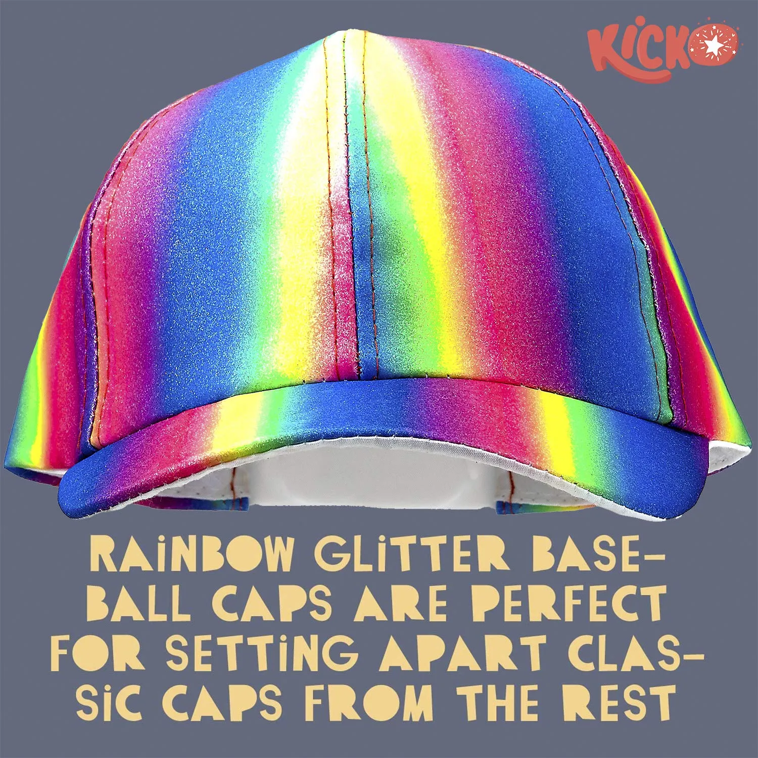 Kicko Rainbow Glitter Baseball Cap - 1 Piece, Snapback Brimmed Hat - One Size Fits All - 9