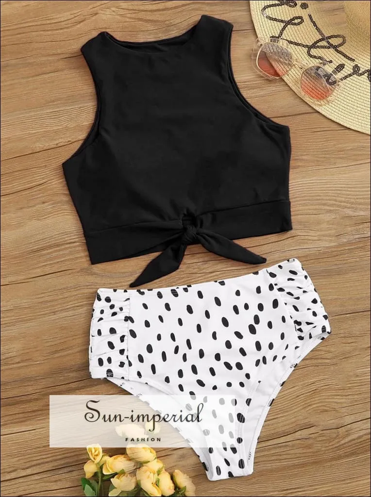 Knot front top with Dot High Waist Bikini Set - Green top Black Floral bottom