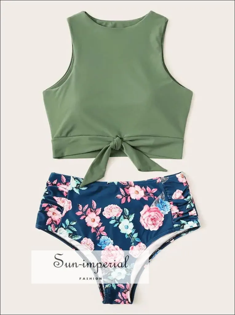 Knot front top with Dot High Waist Bikini Set - Green top Black Floral bottom