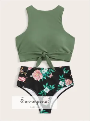 Knot front top with Dot High Waist Bikini Set - Green top Black Floral bottom