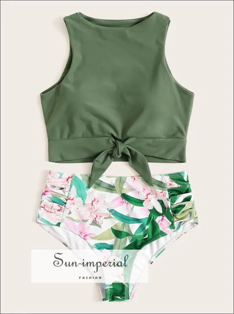 Knot front top with Dot High Waist Bikini Set - Green top Black Floral bottom