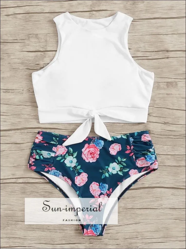 Knot front top with Dot High Waist Bikini Set - White top Blue Floral bottom