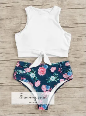 Knot front top with Dot High Waist Bikini Set - White top Blue Floral bottom