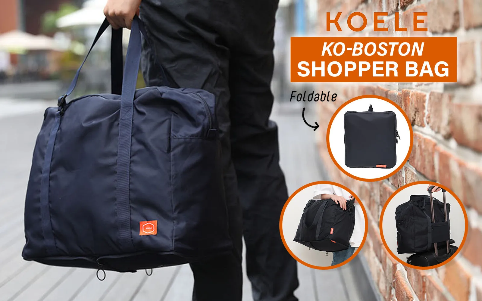 KOELE Navy Shopper Bag Travel Duffle Bag Foldable Laptop Luggage KO-BOSTON