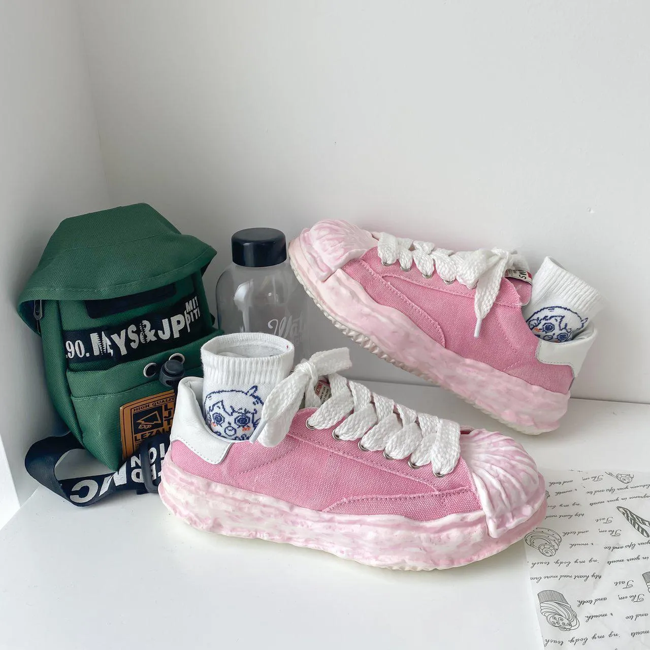 Melting Ice Cream Kawaii Style Lolita Washed Dyed Canvas Shoes Women Cute Super Trend Pink Purple Green Lace Up Board Sneakers