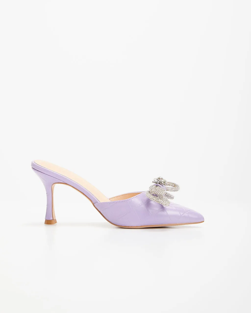 Ophelia Croc Embossed Crystal Embellished Bow Mule Heels