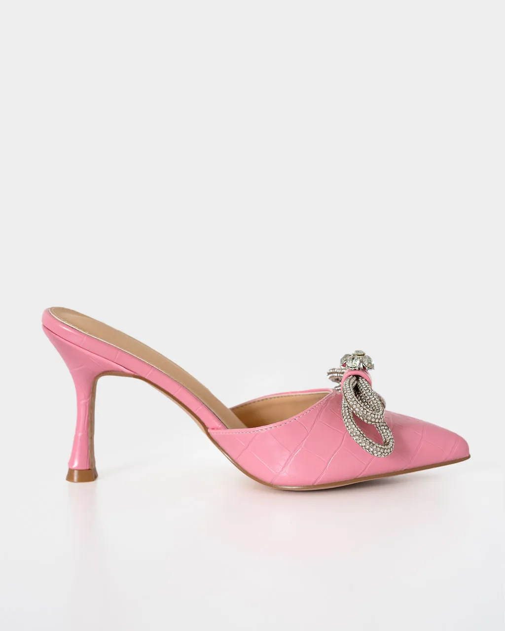 Ophelia Croc Embossed Crystal Embellished Bow Mule Heels