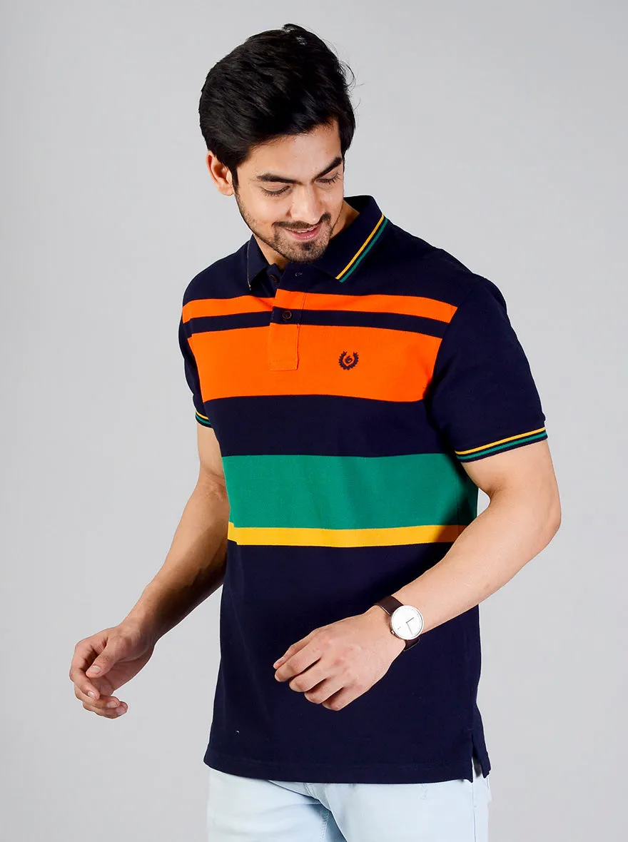 Orange & Green Striped Slim Fit Polo T-shirt | Greenfibre