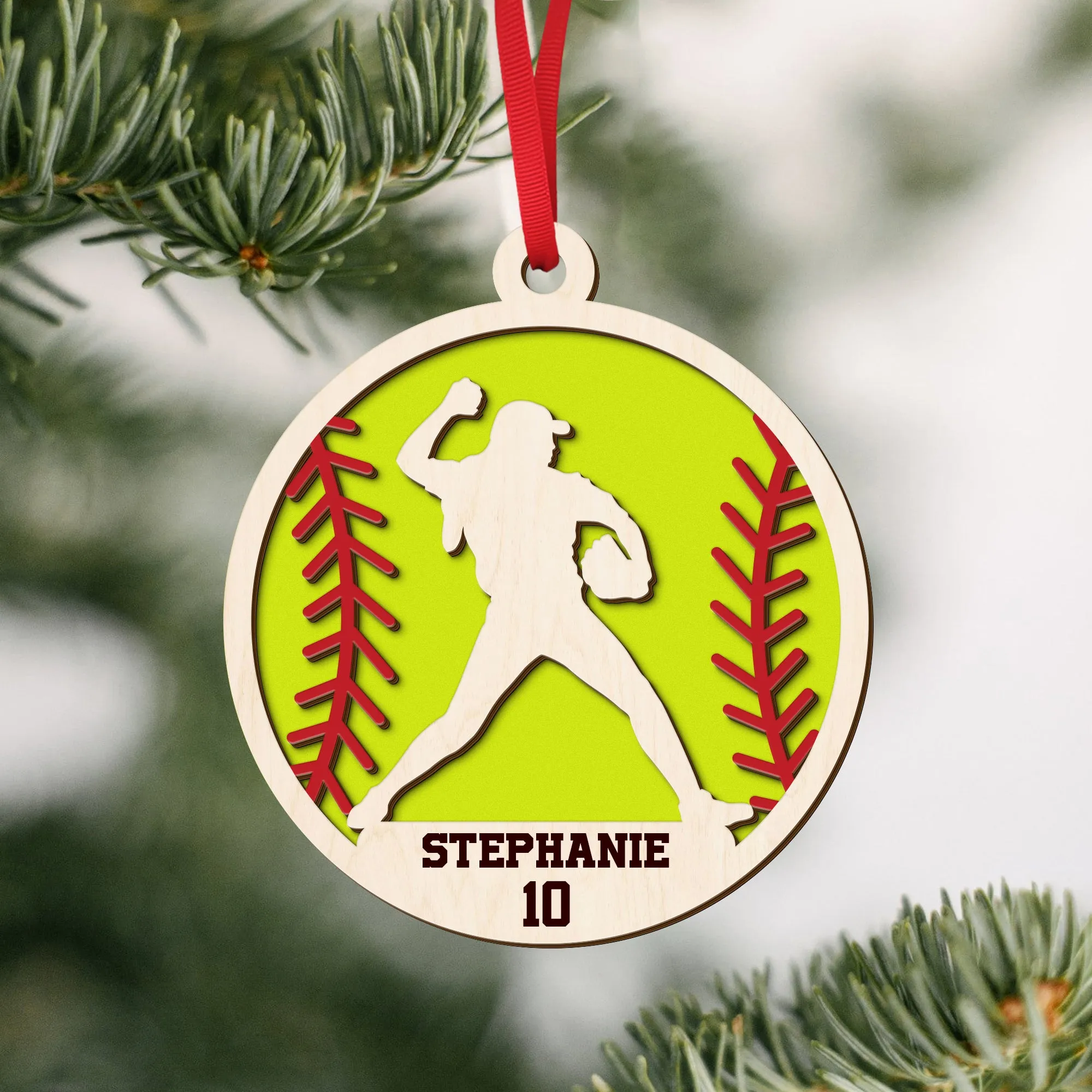 Personalized Softball Ornament, Custom Softball Wood Ornament 2 Layered CF425