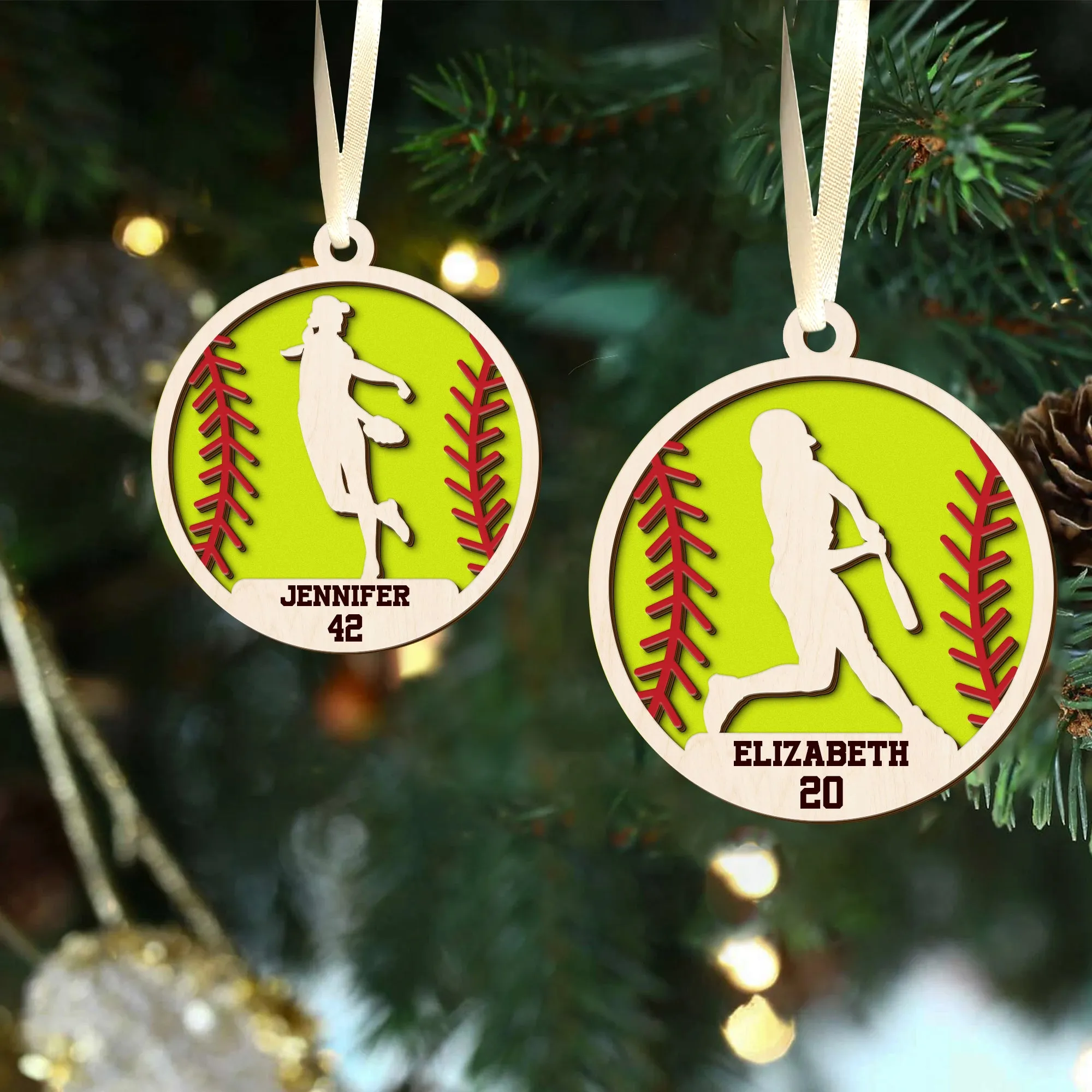 Personalized Softball Ornament, Custom Softball Wood Ornament 2 Layered CF425