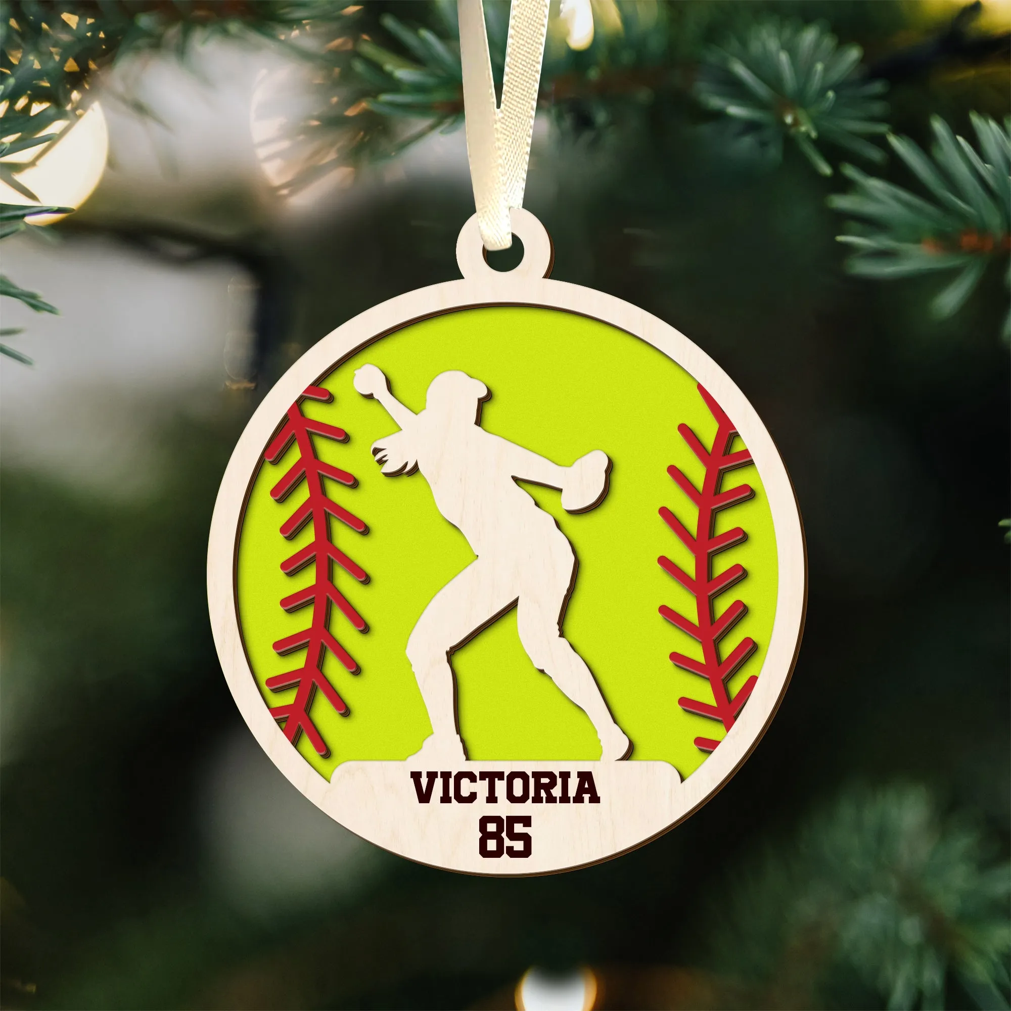 Personalized Softball Ornament, Custom Softball Wood Ornament 2 Layered CF425