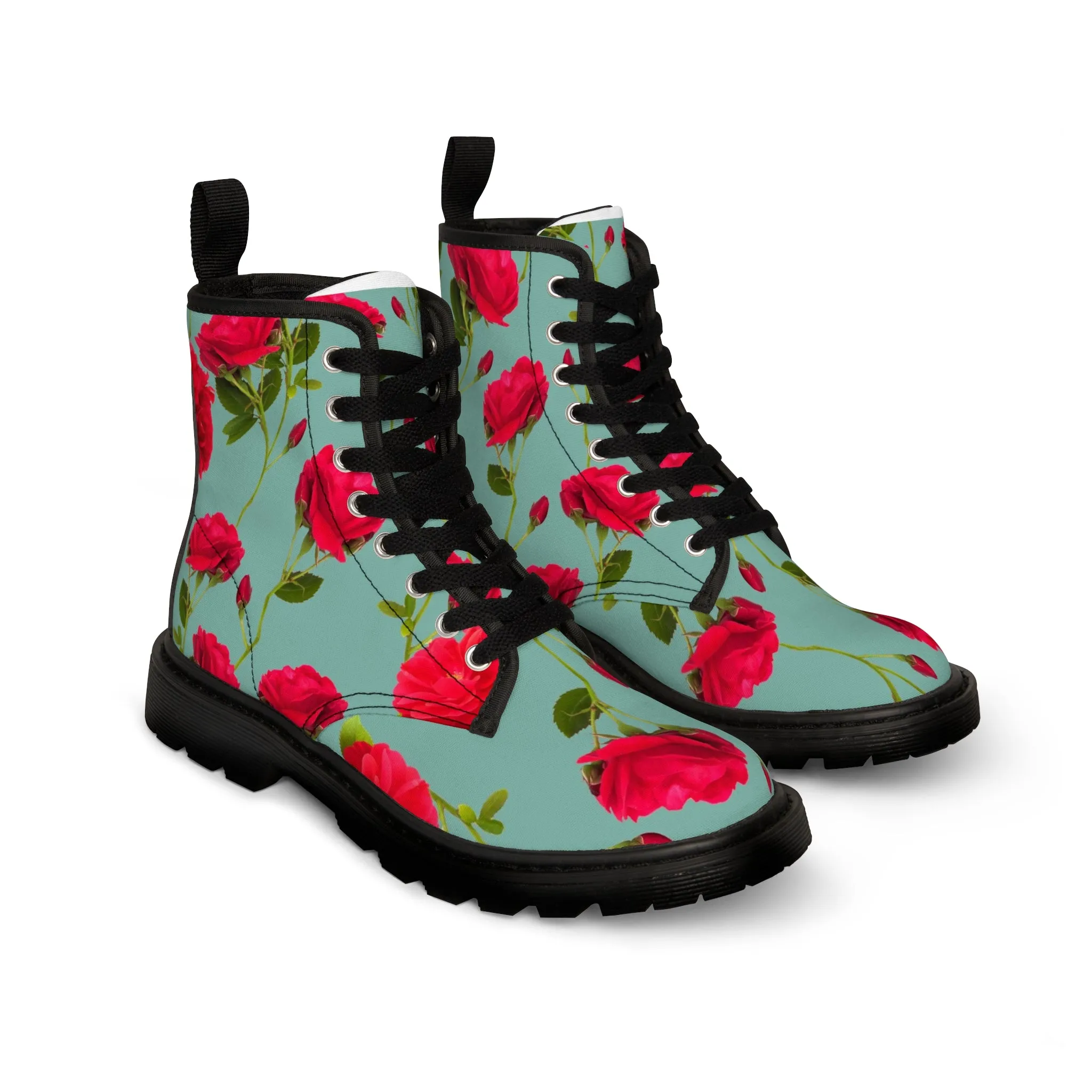 Red Flowers and blue - Inovax Woman's Canvas Boots