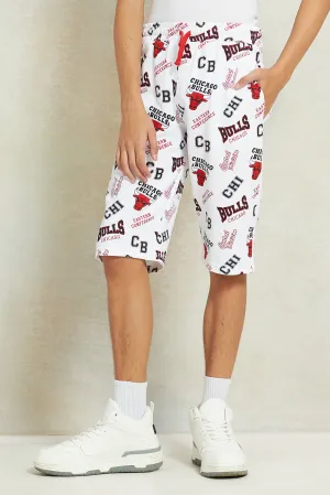 Senior Boys White Chicago Bulls Printed Active Shorts