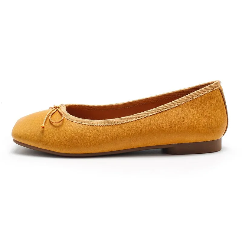 Square Toe Bowknot Genuine Leather Slip-on For Women Handmade Flats in 11 Colors