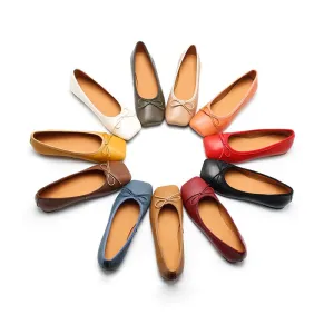 Square Toe Bowknot Genuine Leather Slip-on For Women Handmade Flats in 11 Colors