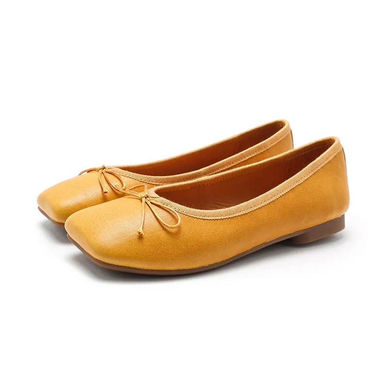 Square Toe Bowknot Genuine Leather Slip-on For Women Handmade Flats in 11 Colors