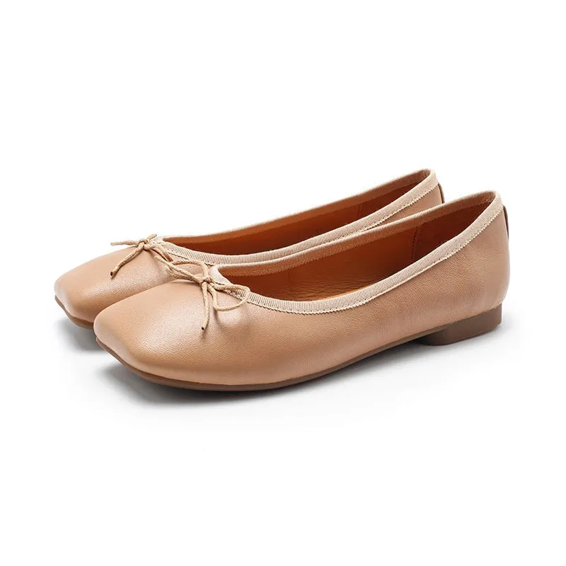 Square Toe Bowknot Genuine Leather Slip-on For Women Handmade Flats in 11 Colors