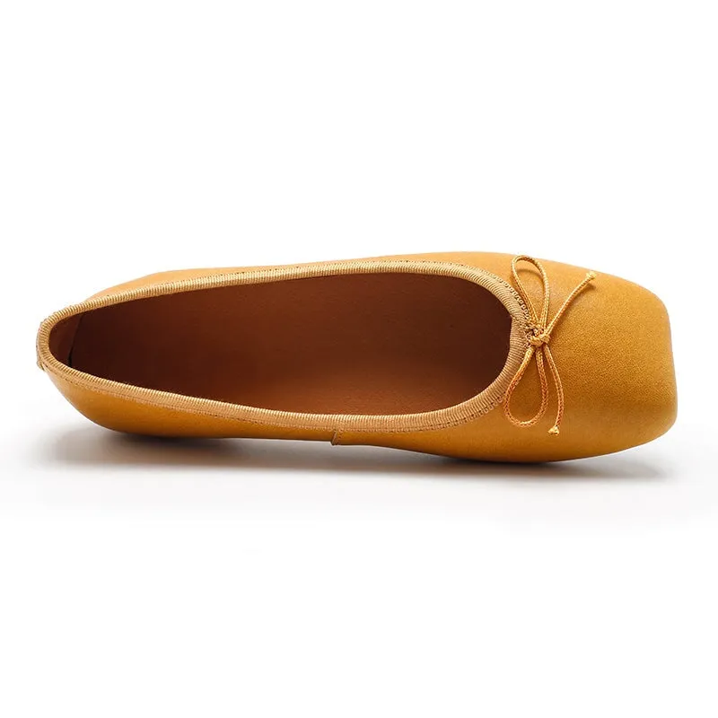 Square Toe Bowknot Genuine Leather Slip-on For Women Handmade Flats in 11 Colors