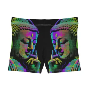 Subtle Buddha Smiling Wearing Headphone - Women's Shorts (AOP) - for Activewear or Yogawear