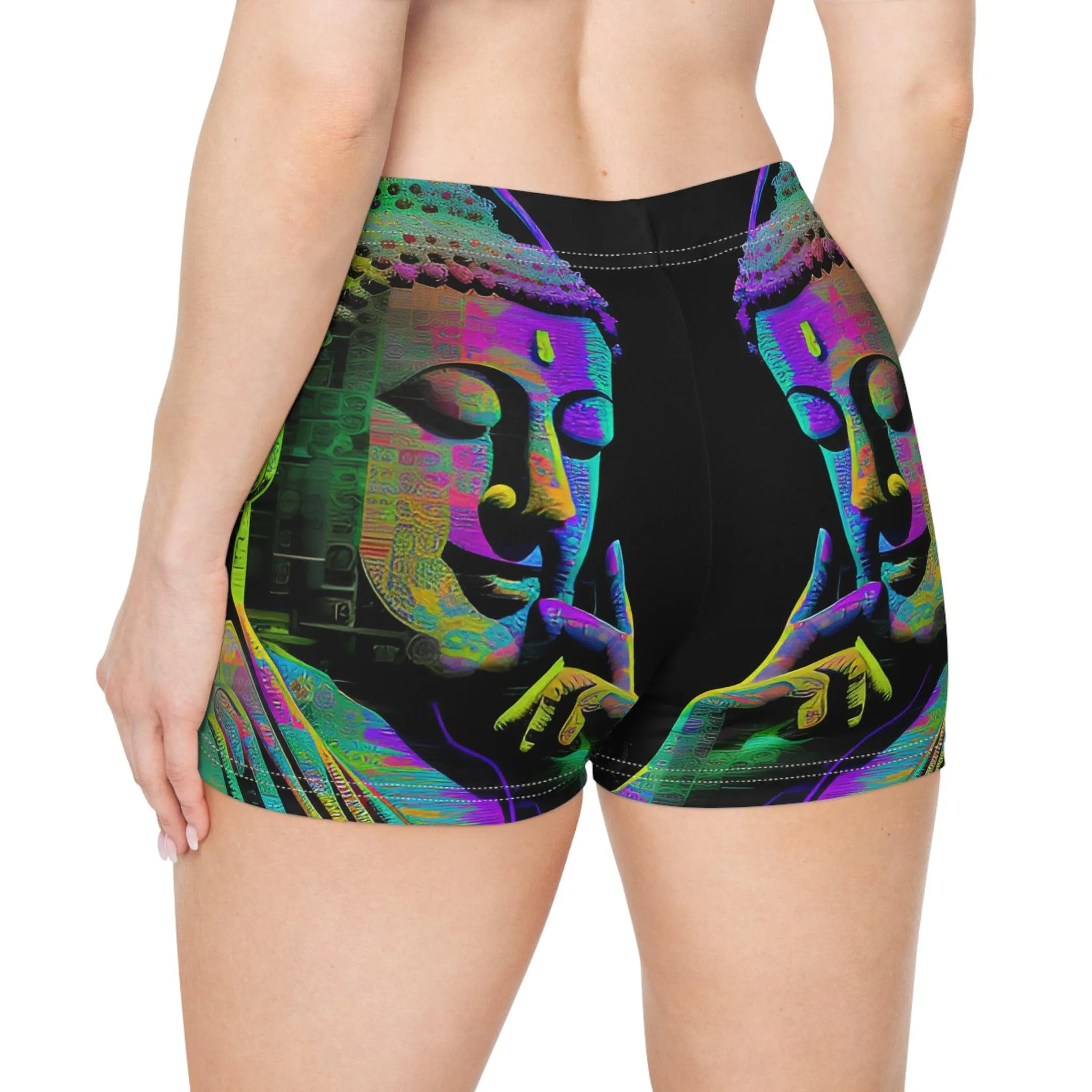 Subtle Buddha Smiling Wearing Headphone - Women's Shorts (AOP) - for Activewear or Yogawear