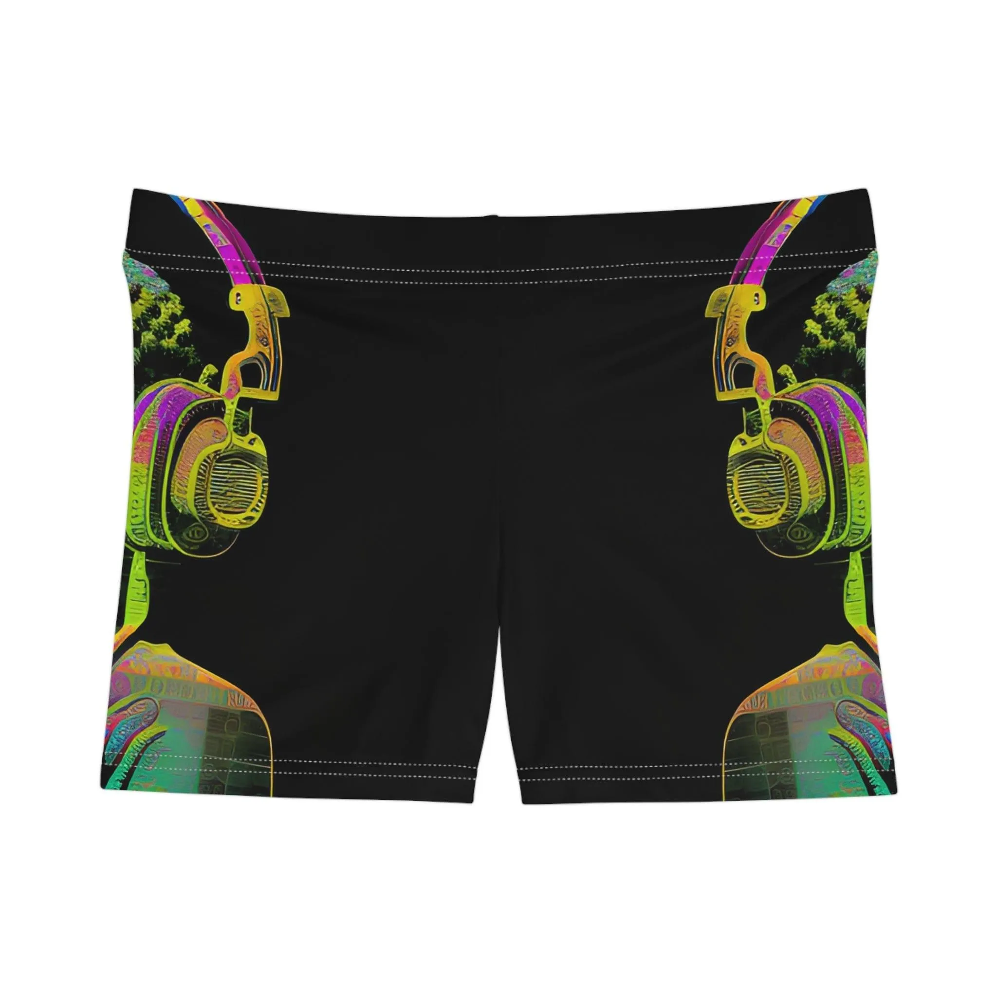 Subtle Buddha Smiling Wearing Headphone - Women's Shorts (AOP) - for Activewear or Yogawear